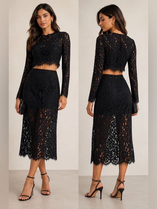 Jason Wu Dresses & Skirts - NWT Jason Wu Lace Top & Skirt Set Black Crochet Sheer Midi Set Elegant Designer